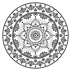 Scandinavian mandala with flowers and leaves vector embroidery folk art style in black and white