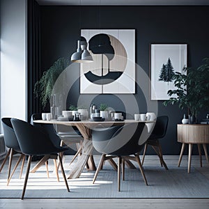 Scandinavian Mid-Century Modern Home Design Living Room, Round Dinning Table and Chairs, Sofa and Cabinet Near Wall, Mock Up Frame