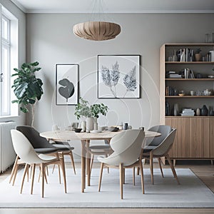 Scandinavian Mid-Century Modern Home Design Living Room, Round Dinning Table and Chairs, Sofa and Cabinet Near Wall, Mock Up Frame