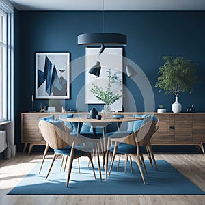 Scandinavian Mid-Century Modern Home Design Living Room, Round Dinning Table and Chairs, Sofa and Cabinet Near Wall, Mock Up Frame