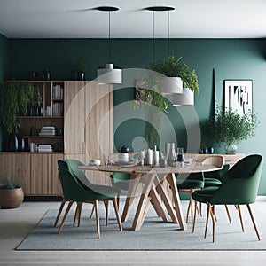 Scandinavian Mid-Century Modern Home Design Living Room, Round Dinning Table and Chairs, Sofa and Cabinet Near Wall, Mock Up Frame