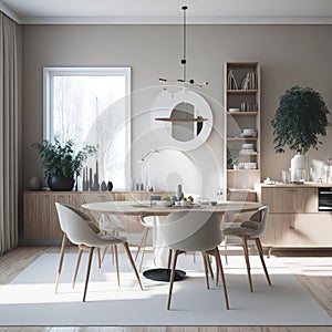 Scandinavian Mid-Century Modern Home Design Living Room, Round Dinning Table and Chairs, Sofa and Cabinet Near Wall, Mock Up Frame