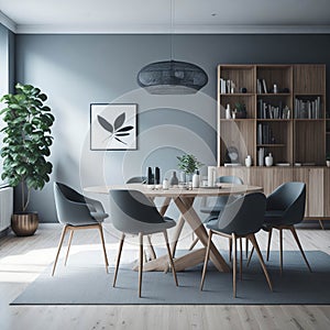 Scandinavian Mid-Century Modern Home Design Living Room, Round Dinning Table and Chairs, Sofa and Cabinet Near Wall, Mock Up Frame