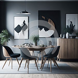 Scandinavian Mid-Century Modern Home Design Living Room, Round Dinning Table and Chairs, Sofa and Cabinet Near Wall, Mock Up Frame