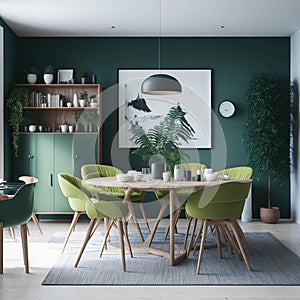 Scandinavian Mid-Century Modern Home Design Living Room, Round Dinning Table and Chairs, Sofa and Cabinet Near Wall, Mock Up Frame