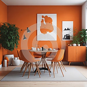 Scandinavian Mid-Century Modern Home Design Living Room, Round Dinning Table and Chairs, Sofa and Cabinet Near Wall, Mock Up Frame