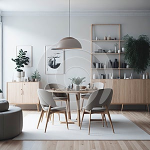 Scandinavian Mid-Century Modern Home Design Living Room, Round Dinning Table and Chairs, Sofa and Cabinet Near Wall, Mock Up Frame