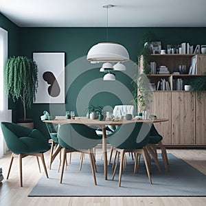 Scandinavian Mid-Century Modern Home Design Living Room, Round Dinning Table and Chairs, Sofa and Cabinet Near Wall, Mock Up Frame