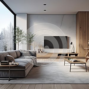 Scandinavian minimalist home interior design of modern living room. Grey sofa near floor to ceiling window against tv unit