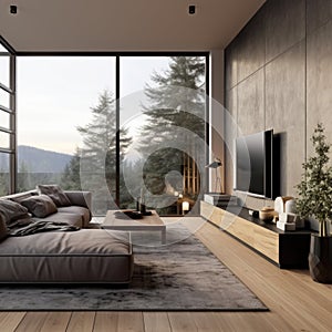 Scandinavian minimalist home interior design of modern living room. Grey sofa near floor to ceiling window against tv unit