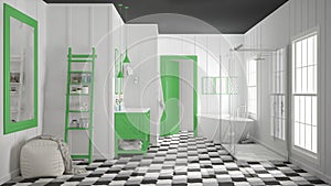 Scandinavian minimalist white, gray and green bathroom, shower,