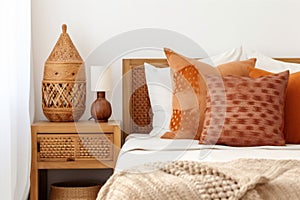 scandinavian modern orange fall pillow decor home interior bed lamp design. Generative AI.