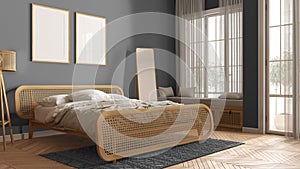 Scandinavian modern wooden bedroom with rattan furniture in gray tones, frame mockup, double bed with duvet and pillows, window