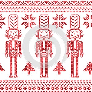 Scandinavian Nordic Christmas pattern with nutcracker soldier , Xmas trees , snowflakes, stars, snow in red
