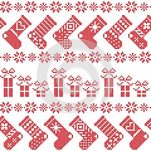 Scandinavian Nordic Christmas pattern with stockings, stars, snowflakes, presents in cross stitch in red