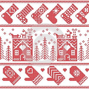 Scandinavian Nordic Christmas seamless pattern with ginger bread house, stockings, gloves, reindeer, snow, snowflakes, tree, Xmas