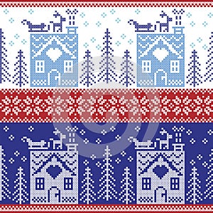 Scandinavian Nordic Christmas seamless pattern with gingerbread house, snow, reindeer, Santa's sleigh, trees, star, snow, Xmas g