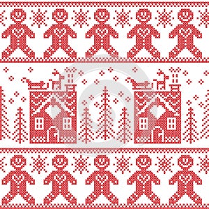 Scandinavian Nordic Christmas seamless pattern with gingerbread man , stars, snowflakes, ginger house, trees, xmas gifts, reinde