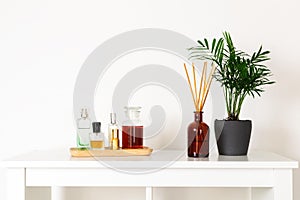 Scandinavian nordic hygge style, home interior - evergreen plant, scent aroma diffuser, perfumes, wooden tray, white shelf