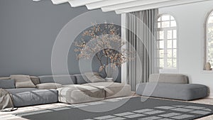 Scandinavian nordic living room in white and gray tones. Velvet sofa with pillows and carpet, potted tree and decors. Minimalist