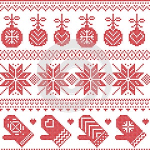 Scandinavian Nordic seamless Christmas pattern with Xmas baubles, gloves, stars, snowflakes, Xmas ornaments, snow element, hearts photo