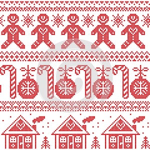 Scandinavian Nordic seamless pattern with ginger bread man, candy, ginger house, bauble, xmas trees in red cross stitch