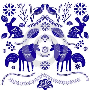 Scandinavian nordic style folk art pattern with birds, unicorn and flowers