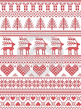 Scandinavian, Nordic style winter stitching Christmas pattern including snowflakes, hearts, Christmas present, snow, star, tree