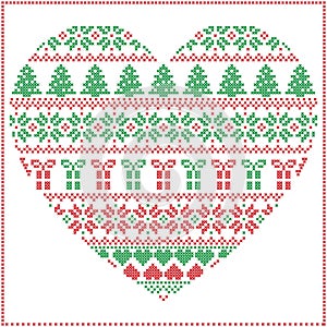 Scandinavian Nordic winter stitch, knitting Christmas pattern in heart shape including snowflakes, Xmas trees, Christmas presents