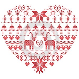 Scandinavian Nordic winter stitch, knitting christmas pattern in in heart shape shape including snowflakes, xmas trees,reindeer,