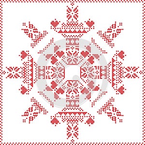 Scandinavian Nordic winter stitch, knitting Christmas pattern in in snowflake shape , with cross stitch frame including , snow