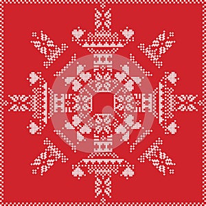 Scandinavian Nordic winter stitch, knitting christmas pattern in in snowflake shape , with cross stitch frame including , snow,