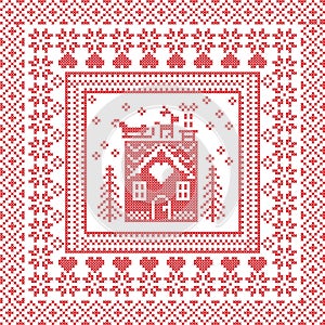 Scandinavian Nordic winter stitch, knitting pattern in square, tile shape including snowflakes, trees, gingerbread houses, hear