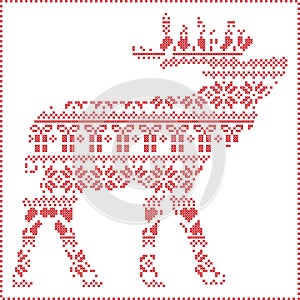 Scandinavian Nordic winter stitching knitting christmas pattern in in reindeer body shape including snowflakes, hearts