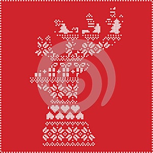 Scandinavian Nordic winter stitching , knitting christmas pattern in in reindeer shape shape including snowflakes, hearts, xmas