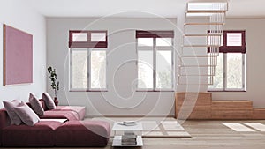 Scandinavian nordic wooden living room in white and red tones. Velvet sofa with pillows and carpet, Minimalist staircase. Modern