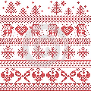 Scandinavian nordic xmas pattern with reindeer,rabbits, xmas trees, angels, bow, heart, in cross stitch