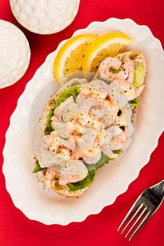 Scandinavian or Norwegian Style Open Face Shrimp or Prawn Seafood Sandwich