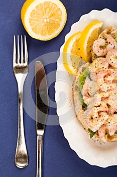 Scandinavian or Norwegian Style Open Face Shrimp or Prawn Seafood Sandwich