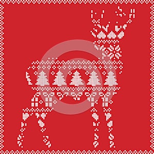 Scandinavian Norwegian style winter stitching knitting christmas pattern in in deer silhouette including snowflakes, hearts 1