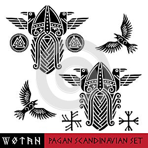 Scandinavian pagan set - God Wotan and two ravens in a circle of Norse runes. Illustration of Norse mythology