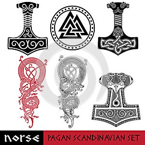 Scandinavian pagan set - Thors hammer - Mjollnir, Odin sign - Valknut and world dragon Jormundgand. Illustration of photo