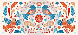 Scandinavian pattern. Folklore bird motif. Swedish or Norway vintage animal ornament. Hugge flower and summer art photo