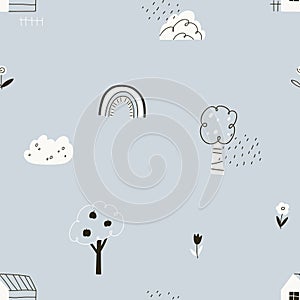 Scandinavian pattern, seamless print. Cute doodle nature, rainbow, plants, trees and clouds in baby kids Scandi style