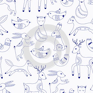 Vector pattern in Scandinavian style.Forest animals In blue.