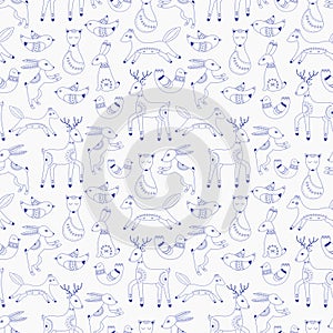 Vector pattern in Scandinavian style.Forest animals In blue.