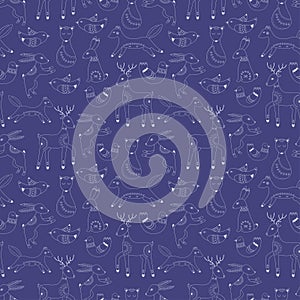 Vector pattern in Scandinavian style.Forest animals In blue.
