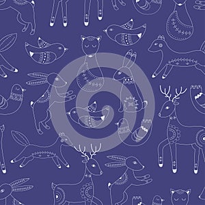 Vector pattern in Scandinavian style.Forest animals In blue.