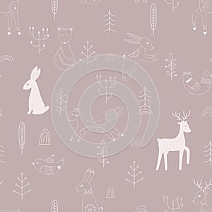 Vector pattern in Scandinavian style.Forest animals In gray