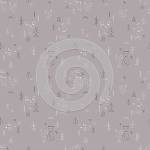Vector pattern in Scandinavian style.Forest animals In gray.